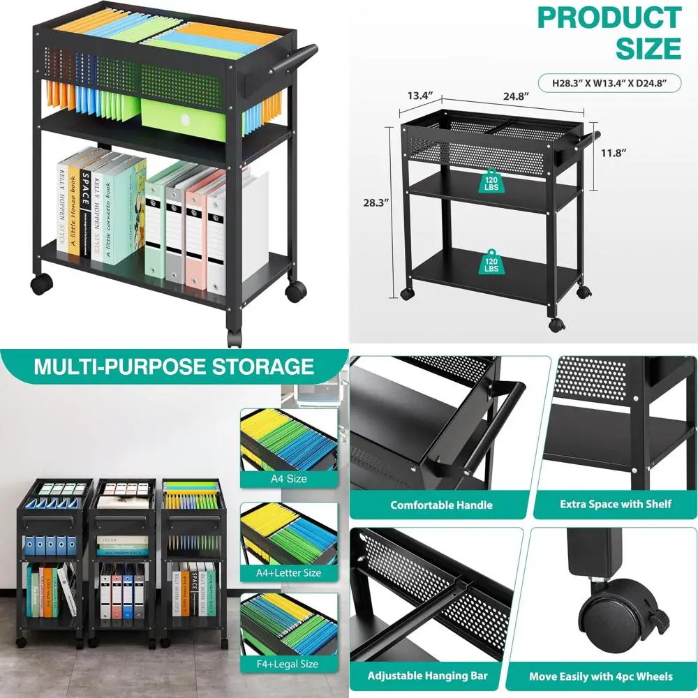 Carrito de Archivo Rodante de Malla Ajustable con Carpetas Colgantes para Documentos de Tamaño A4/Carta/Legal - Solución de Almacenamiento para Oficina