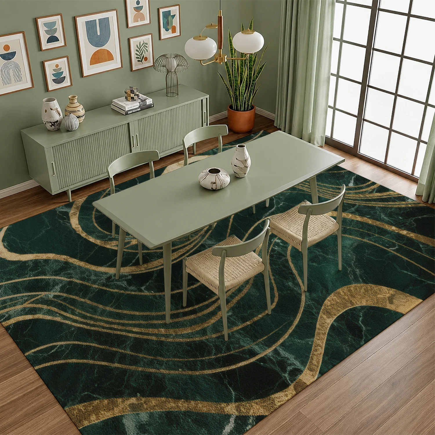 Large Indoor Area Rug, Soft Velvet Low Pile with Non-Slip Dotted Backing, Machine Washable Emerald Gold Marble Swirl Abstract Rug for Living Room Bedroom