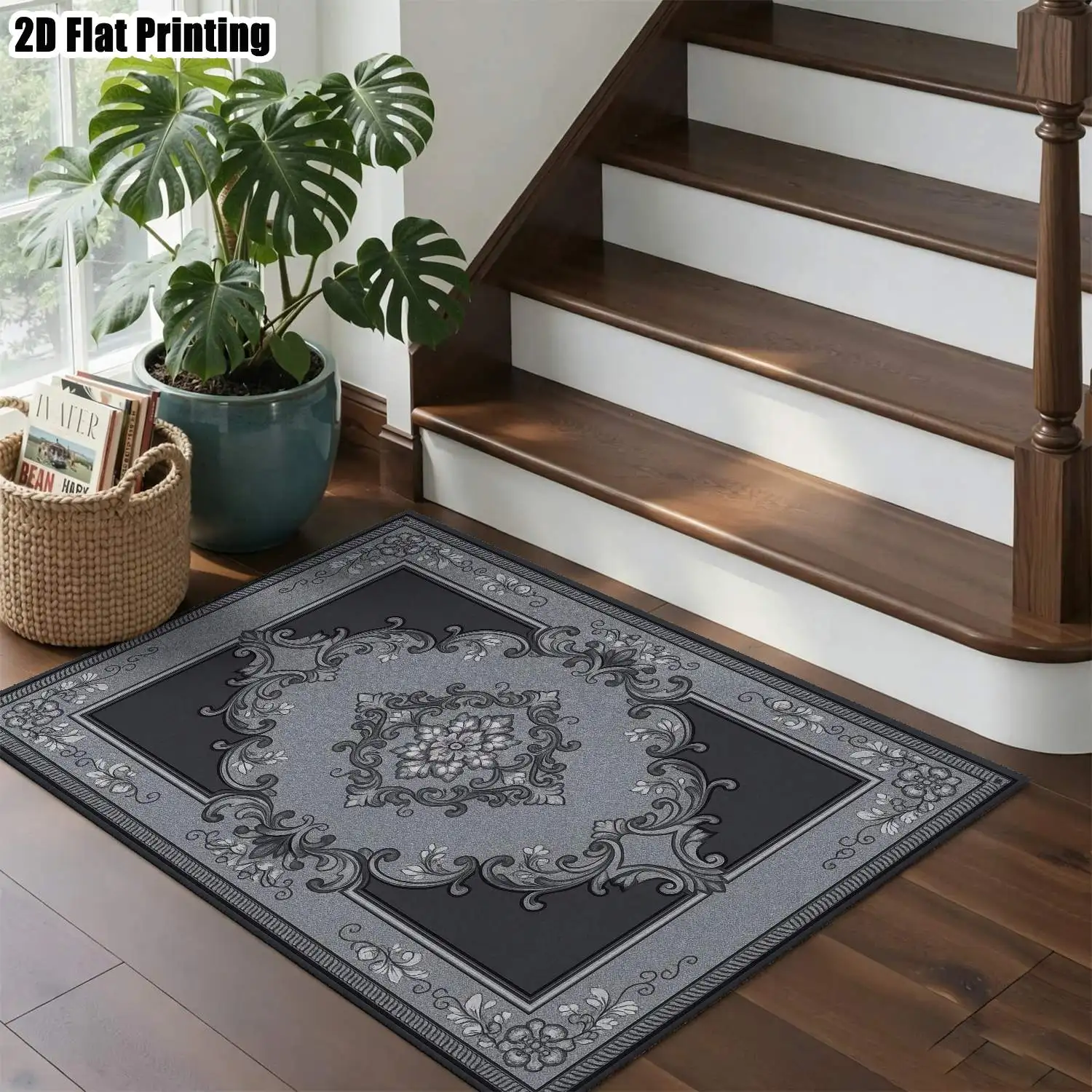 1Pc 2D Printed Retro Floral Grey-Black Carpet: European, Minimalist, Instagram Style, Multi-Size Machine Washable Rug for Entrance, Dining, Living, Bedroom, Home Decor