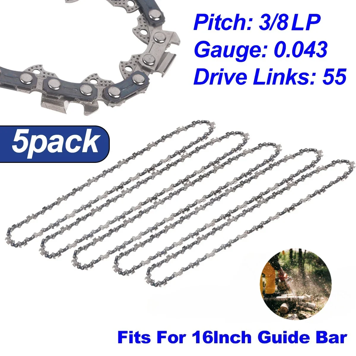

Chainsaw Chain 16 Inch 3/8" LP Pitch .043" Gauge 55 Drive Links for Electric Chain Saw Parts Replacement Cutting Tool