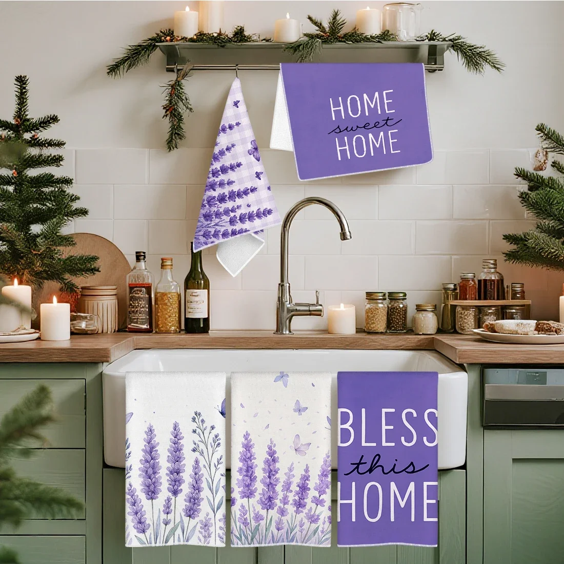 2/4/6pcs set Kitchen Towels lavender plaid butterfly blessingHand Towels Christmas Decorations for Home Noel Dish Towels Gifts