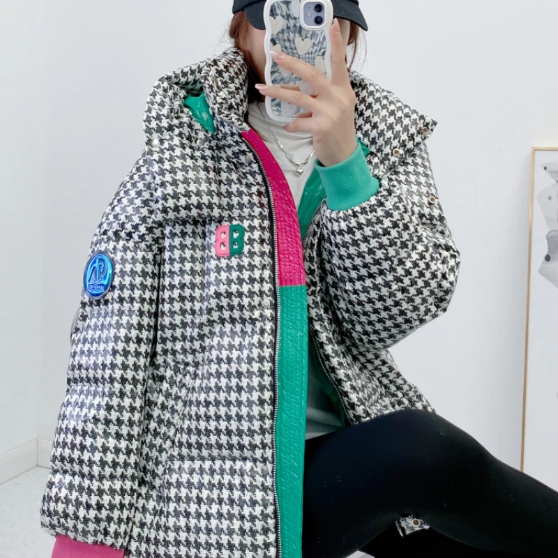 

Plaid Hooded Women Puffer Jacket Casual Thicken Loose White Duck Down Winter Parkas Drawstring Long Sleeve Snowwear Coat F404