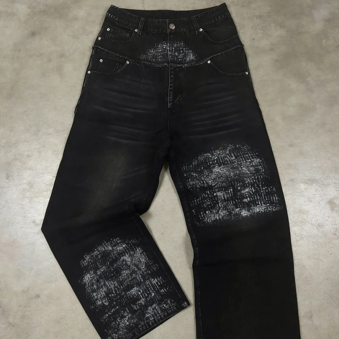 

2026 New Arrival Men Y2K Black Distressed Splash Print Wide Leg Jeans Oversized Cropped Denim Pants