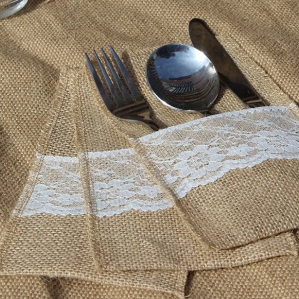 

Vintage Rustic Style Linen Lace Cutlery Bag Lace Decorative Fork Bag Burlap Utensil Cutlery Holders Housewarming Party