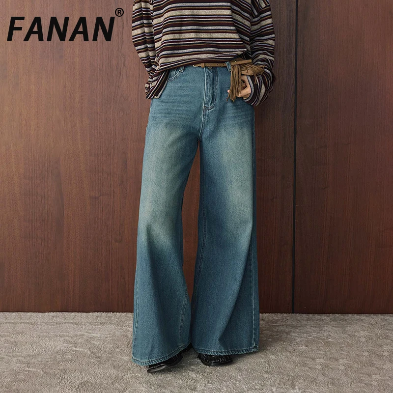 FANAN Vintage Gewaschene Jeans Für Frauen Hohe Taille Gerade Breite Bein Denim Hosen Büro Dame Lose Hosen Mode Winter Neue
