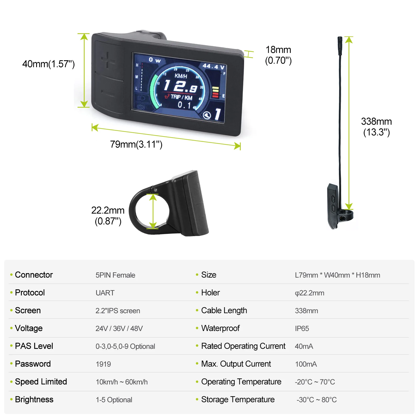 Electric Bike 500C Display Meter TFT LCD Screen Ebike Computer 5PIN For BAFANG BBS01 BBS02 BBSHD Mid Motor / Hub Motor Kit UART