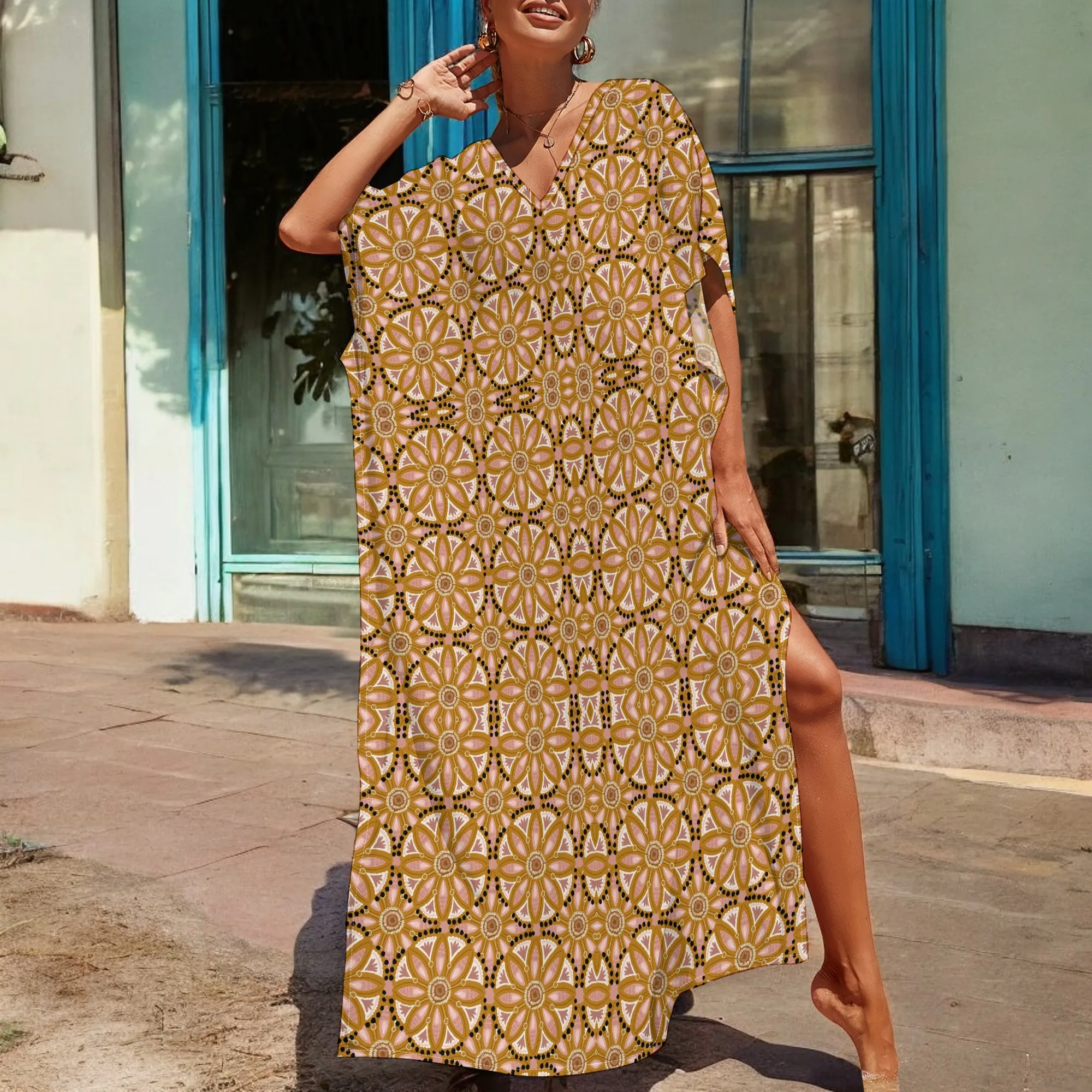 

Vintage Bold Boho Flower Print Maxi Dress Short Sleeve V Neck Casual Loose Long Beach Split Dresses