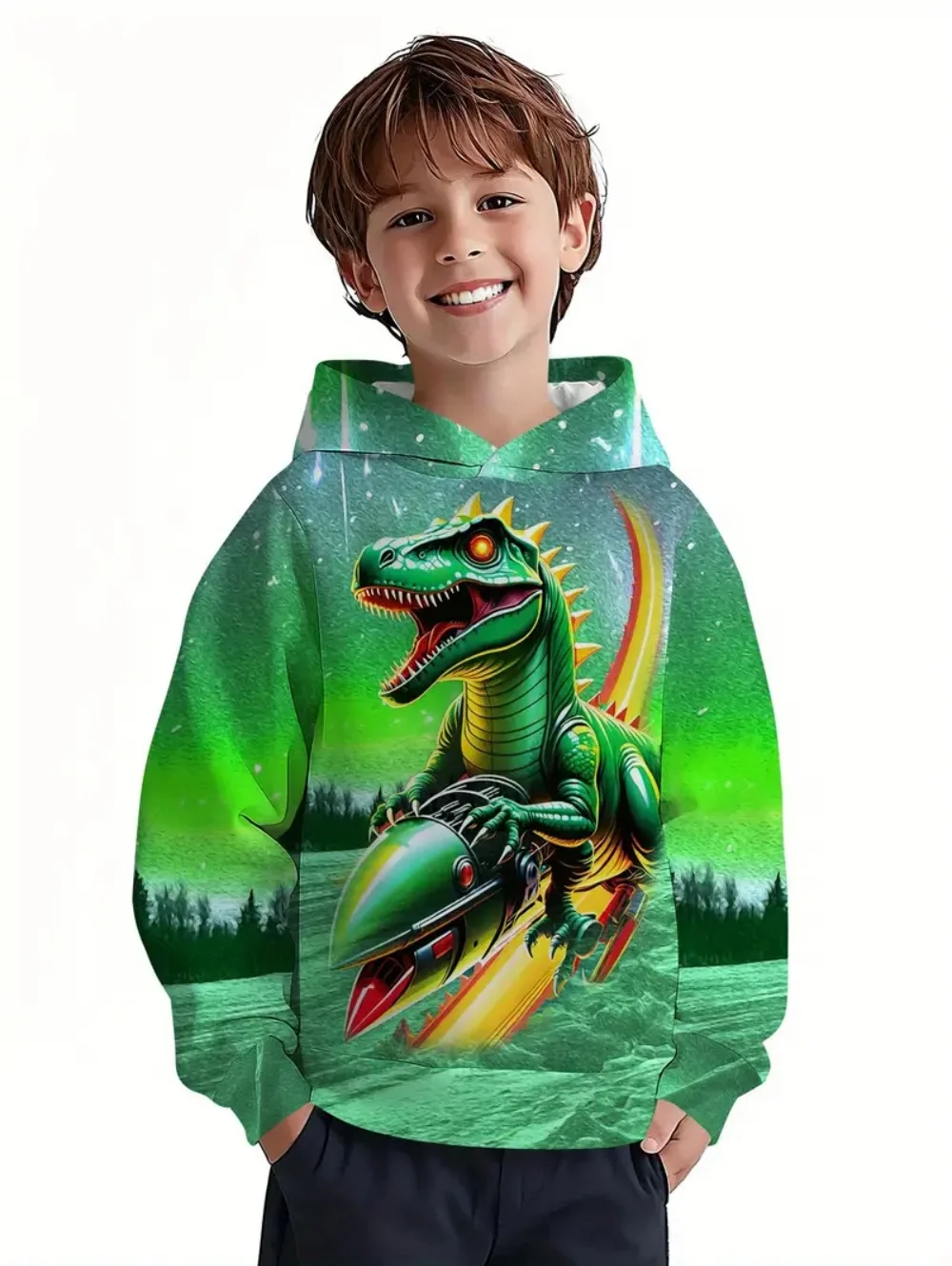 Bluzy chłopięce z kapturem, z nadrukiem dinozaura 3D, jesienne bluzy z długim rękawem, pulowery, ubrania dla niemowląt, bluza, odzież dziecięca na co dzień, do noszenia na zewnątrz.