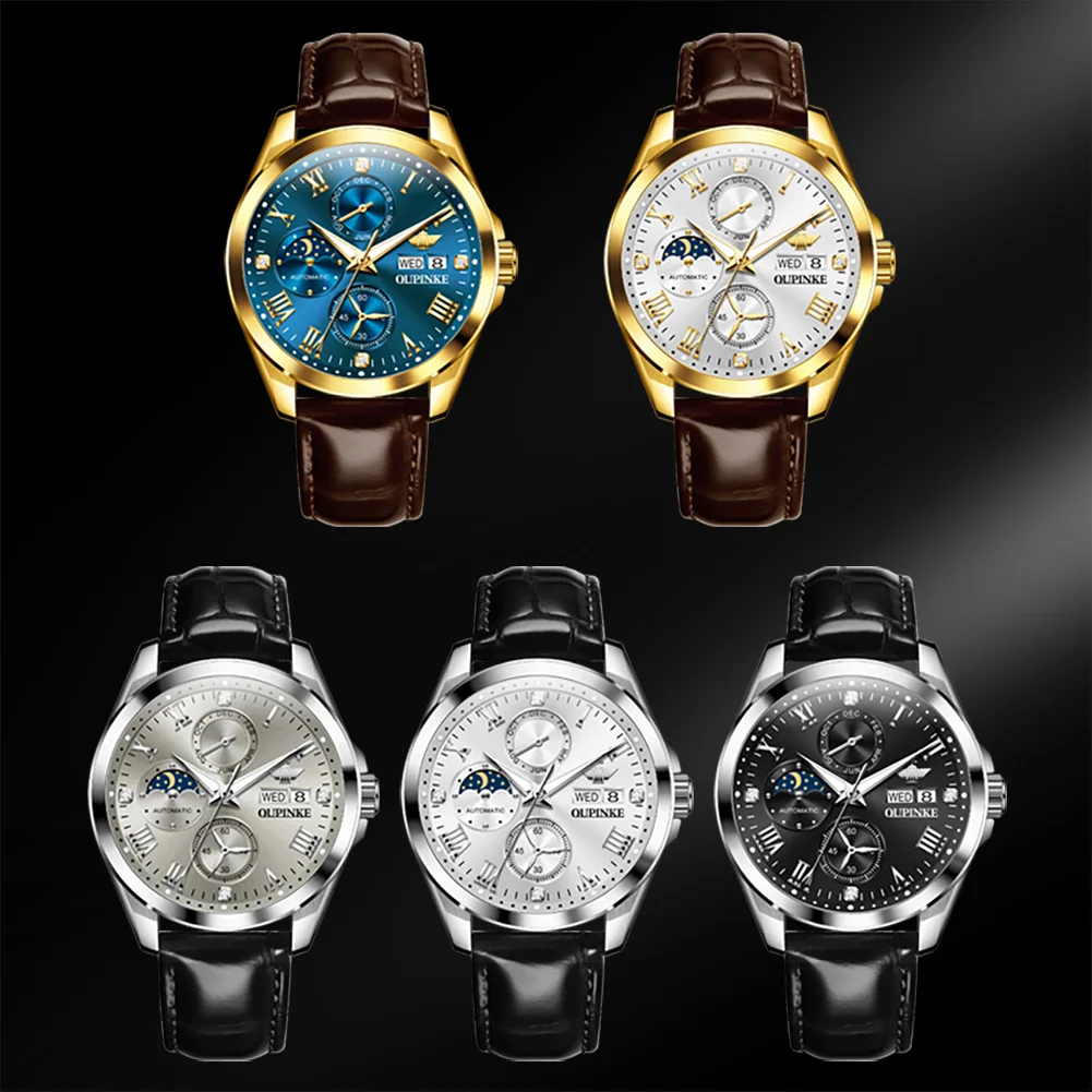 OUPINKE 3300 Mens Watch Original Mechanical Watch Waterproof Luminous Moon Phase Watches Luxury Men Dual Calendar Display Reloj