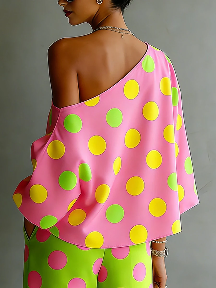 Missuoo Women's Polka Dot 2 Piece Set Pink One-shoulder Shirt Top and Green Wide Leg Pants 2026 Stylish Casual Pant Sets view 3