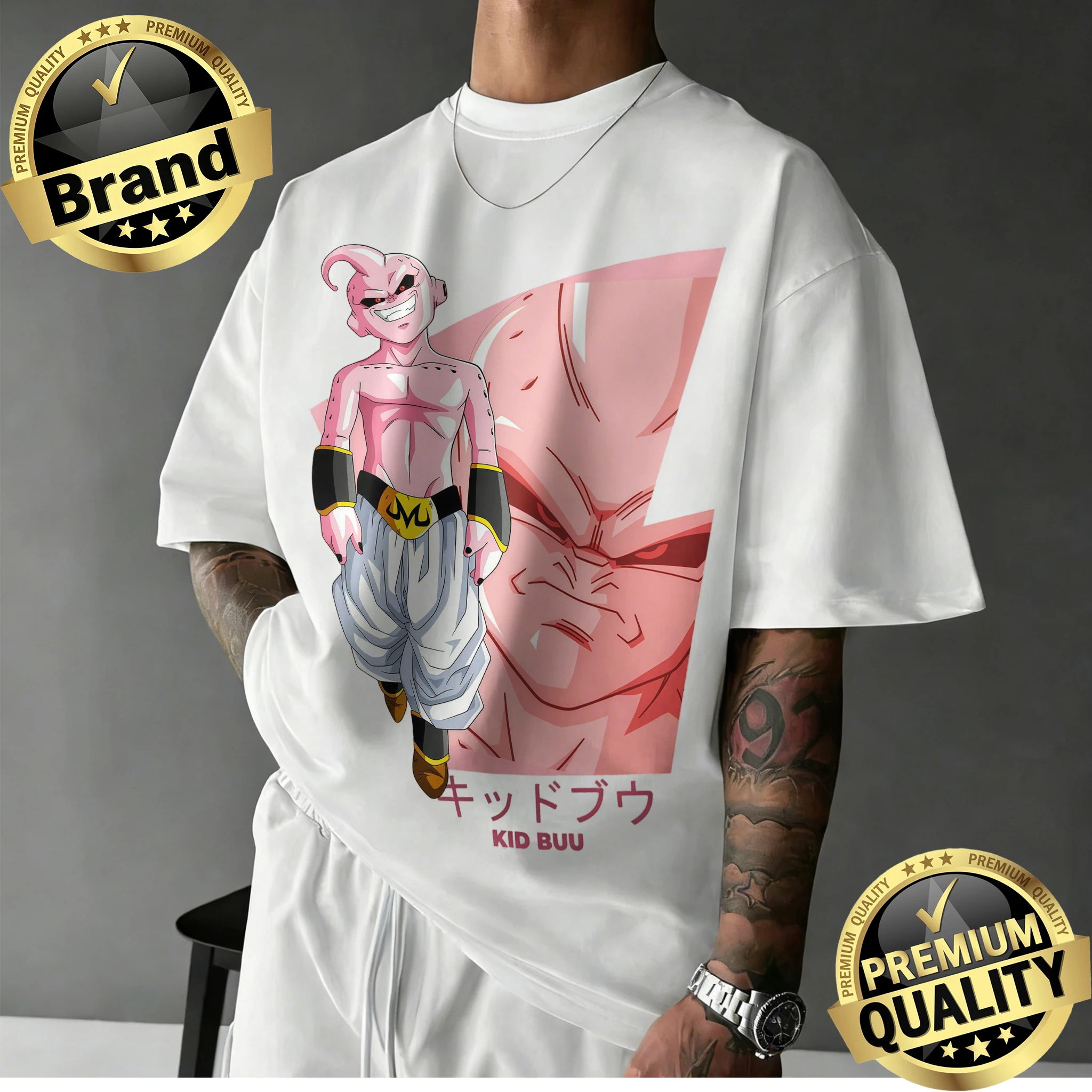 

Летняя футболка оверсайз из 100% хлопка «Драгон Болл З» 2026 года для мужчин, женщин и детей | Футболка Kid Buu с двойным принтом в стиле ретро-аниме для фанатов