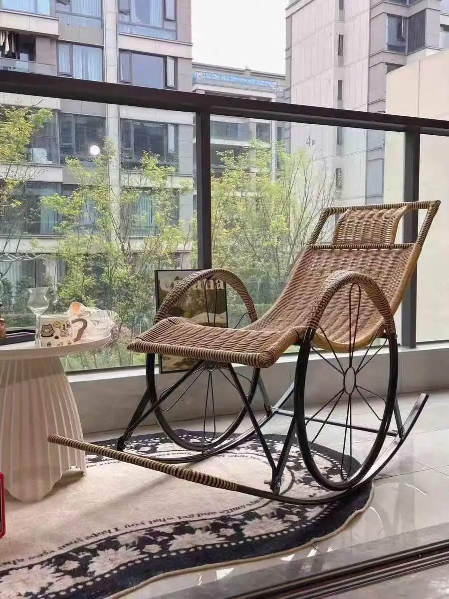 Ergonomic PE Rattan Rocking Chair Reclining Outdoor Garden Patio Indoor Living Room Lounge Chair Handwoven Carbon Steel Frame image 6