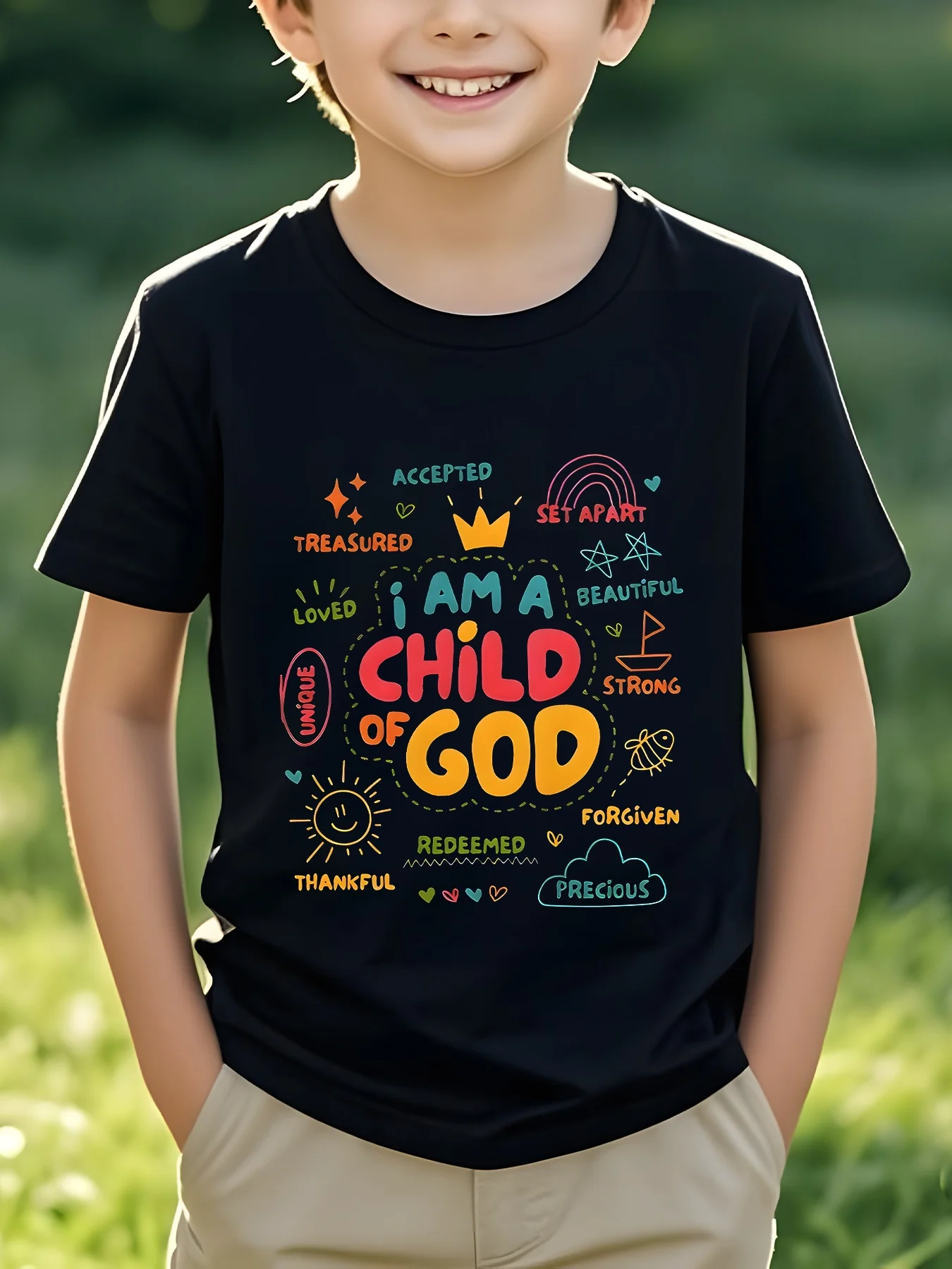 Summer Children's Lively and Interesting Letter T-shirt  Round Neck Casual and Comfortable Perfect Gift for Daily Wear in Summer