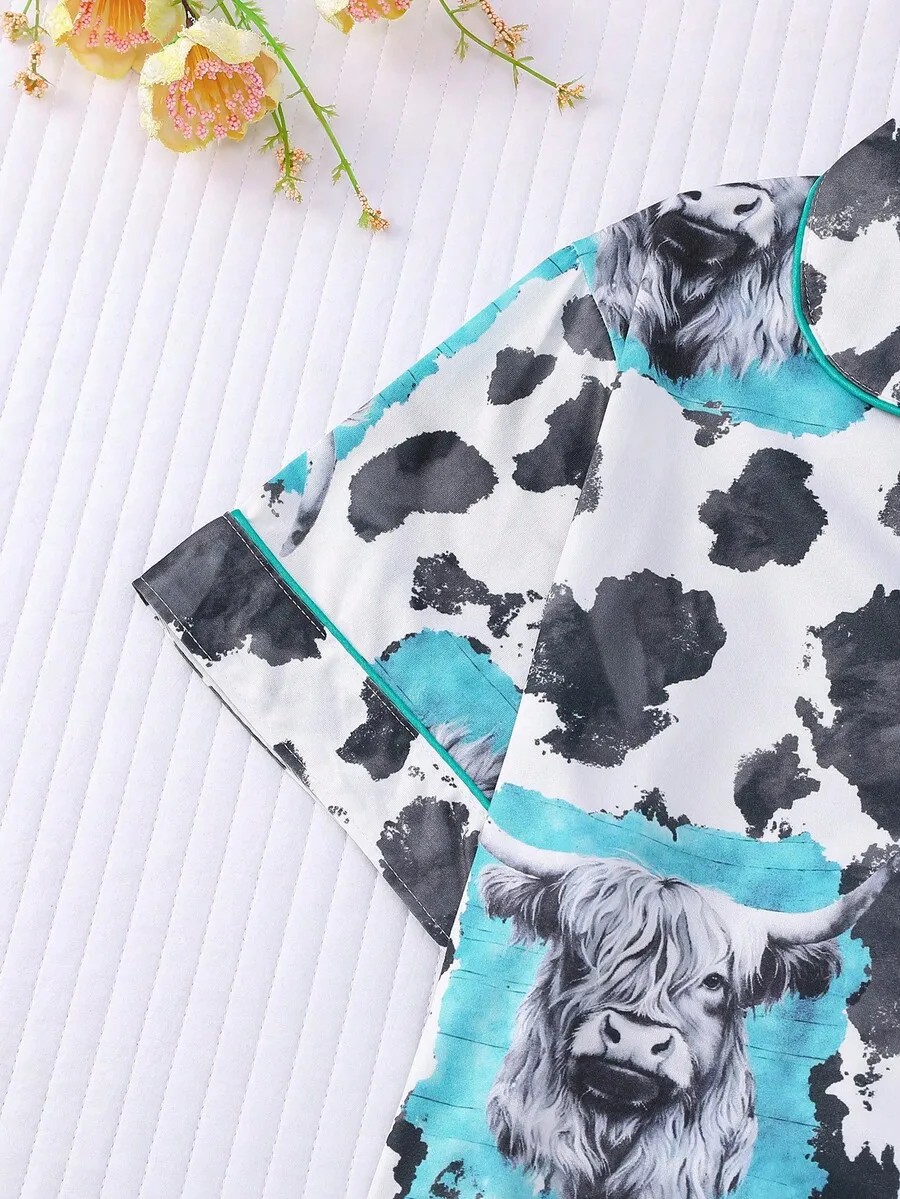 

Women Cow Print Pajama Set Collared Shirt Top Elastic Waist Shorts Sleepwear Homewear