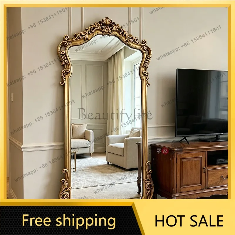 LS European retro carved dressing mirror living room wall hanging classical villa cloakroom luxury fitting mirror