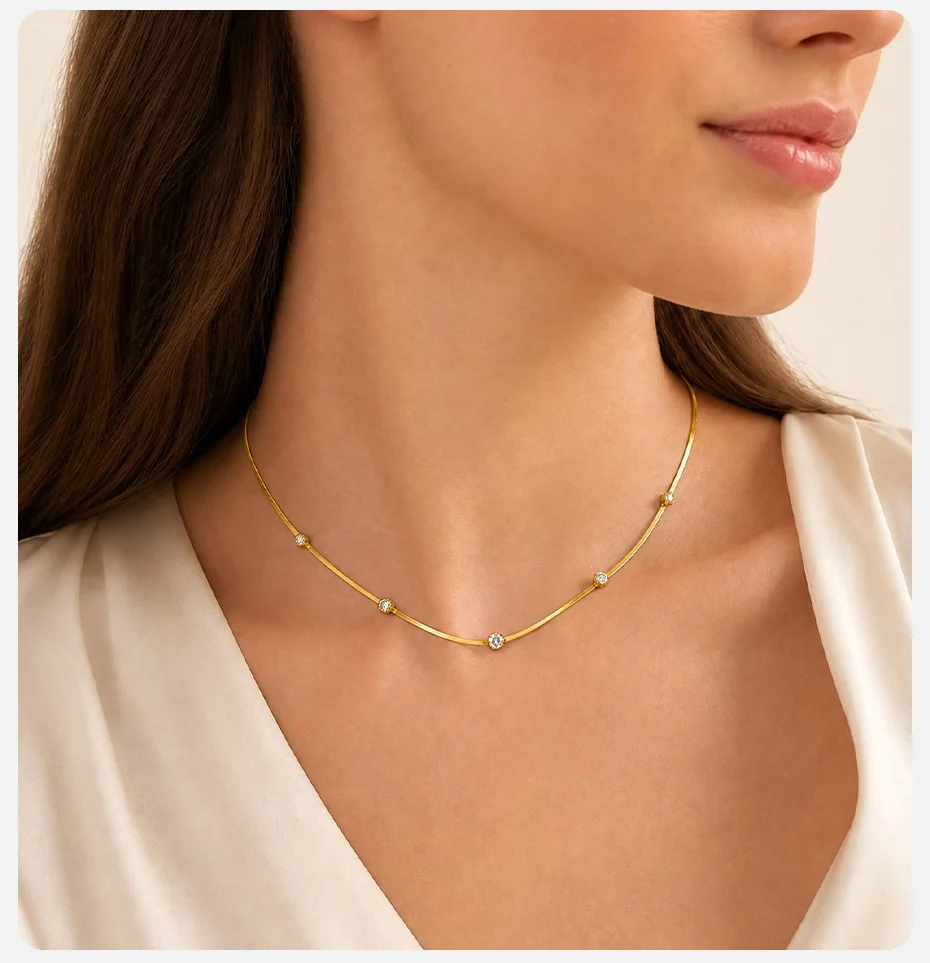 Vnox Elegantes Rundes Zirkonia-Kettenarmband für Damen, 18K Vergoldeter Edelstahl-Choker, Stapelbarer Hochzeitsschmuck – Detail 9