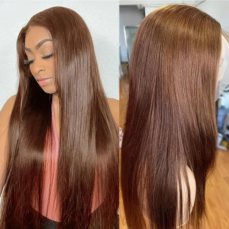 Perucas de cabelo humano coloridas retas para mulheres, castanho chocolate, peruca frontal de renda transparente 13x6 HD, 30 ", à venda