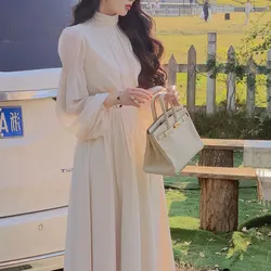 Elegant Princess Style Long Sleeve Party Dresses Women Temperament High Collar White Fairy Midi Dress Korean Fashion Outfits