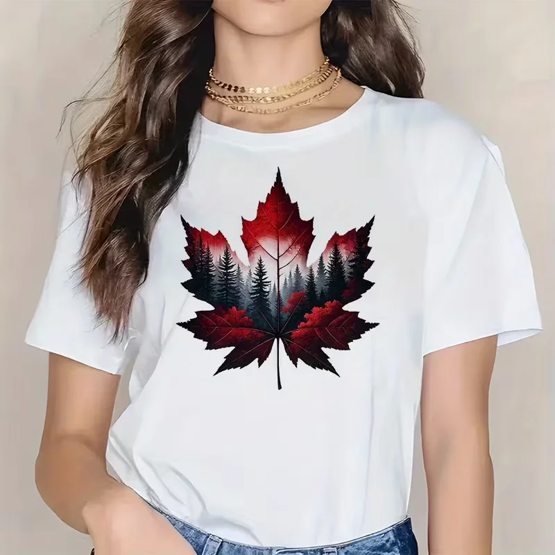 T-Shirt mit Ahornblatt-Print und kurzen Ärmeln für Damen und Herren, Kanada, Rundhalsausschnitt, vielseitiges, lässiges Grafik-Top, weißes, minimalistisches Y2k-Top – Detail 1