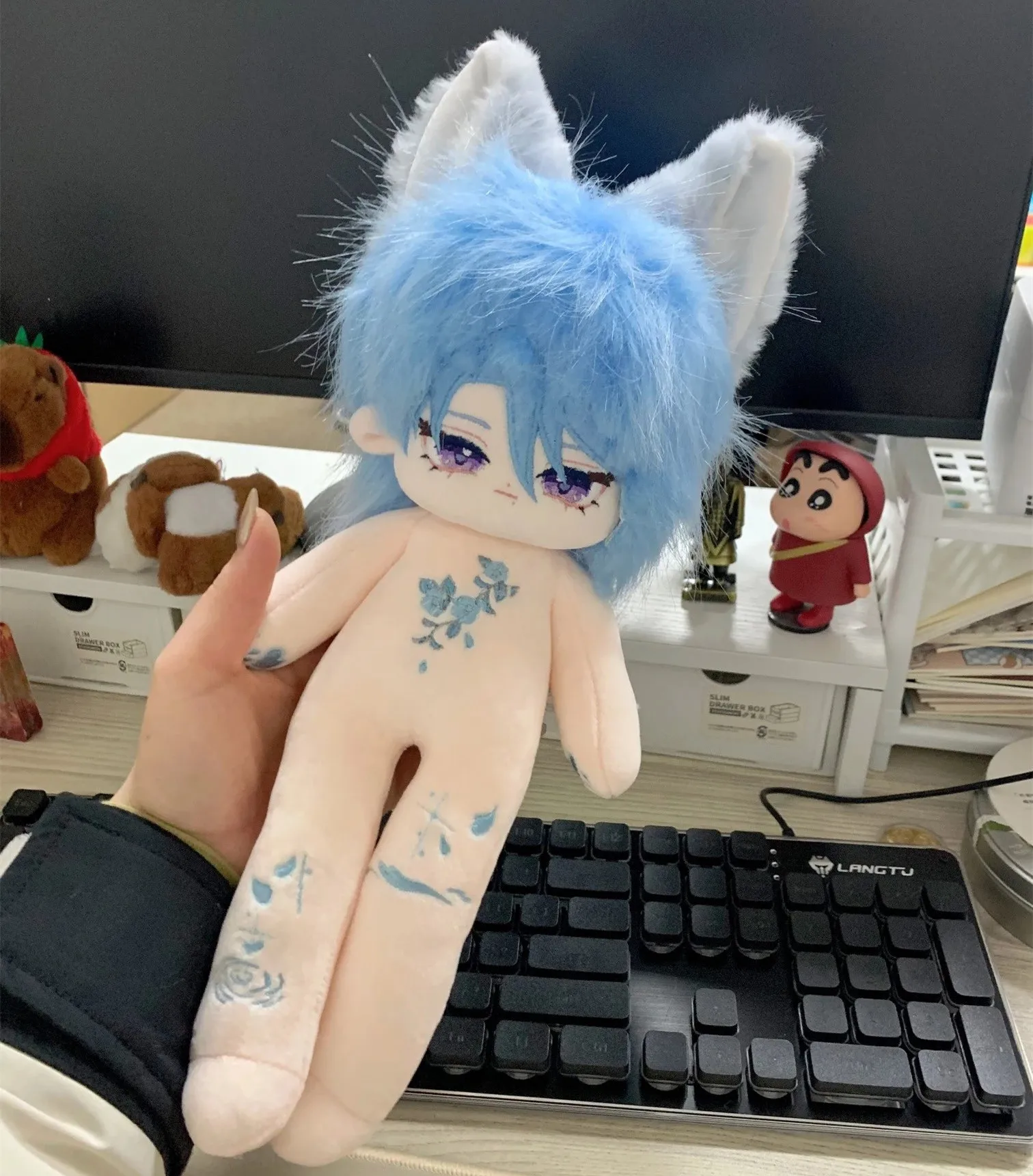 Genshin Impact Kamisato Ayato Chun Je Monster Blauwe Pruik Haar Gevuld 30Cm Lange Benen Plushies Pluche Katoenen Pop Body Speelgoed Voor Kinderen