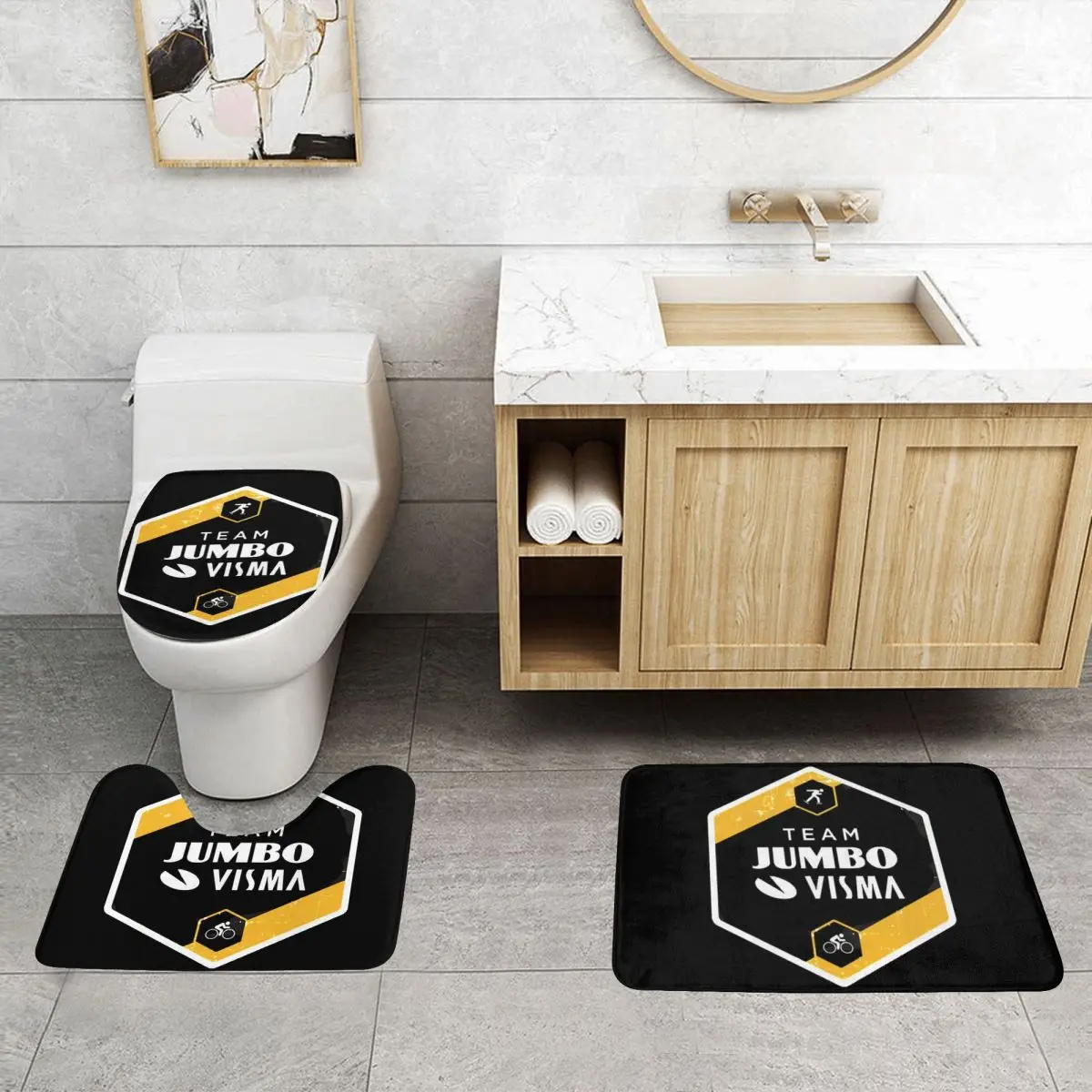 Custom Jumbo Visma Pro Cycling Team Bathroom Rugs Set 3 Pieces Non Slip Toilet Bath Mat Sets