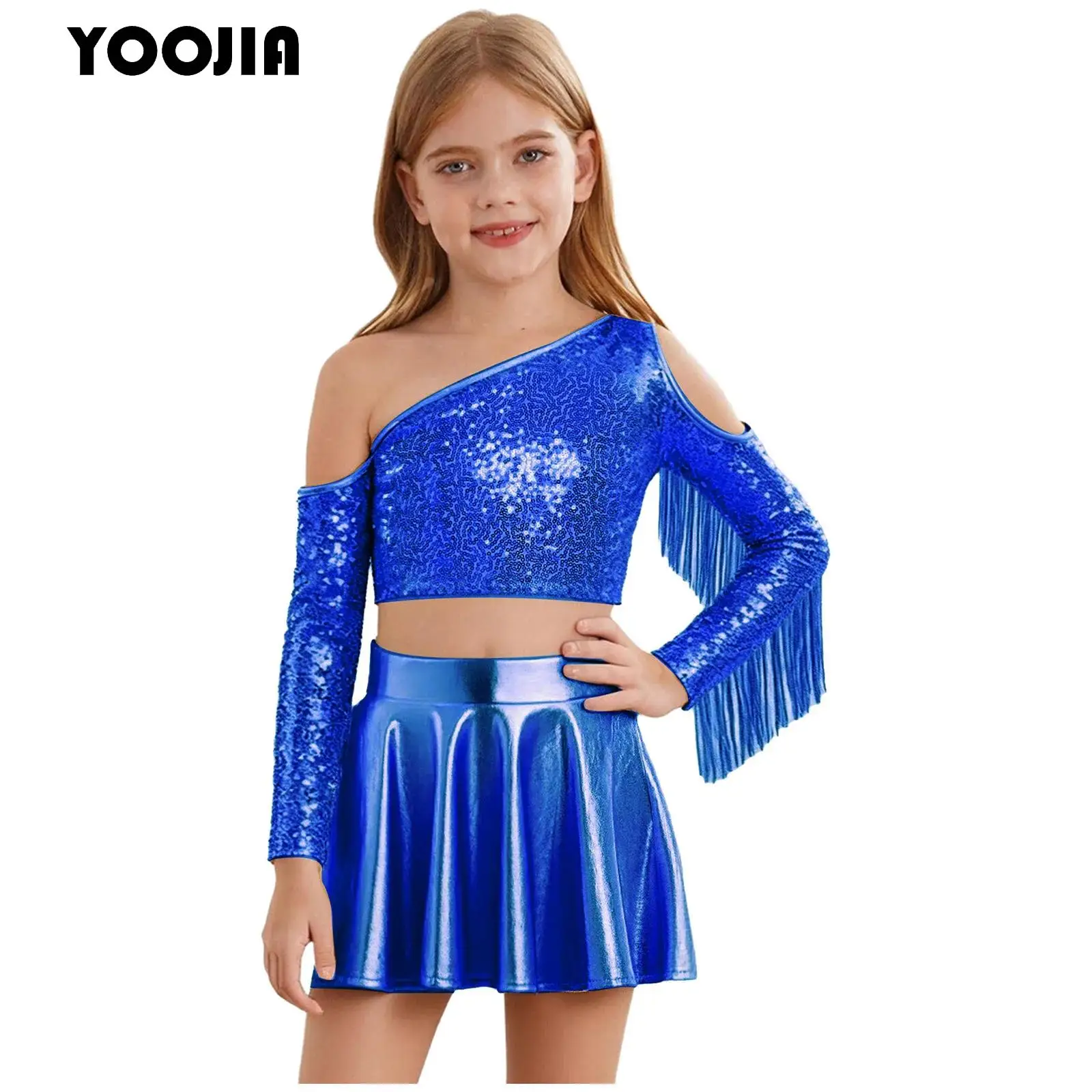 Girls Sequins Jazz Latin Dance Costume Shiny Metallic Asymmetric Tassels 70S Disco Vintage Hippie Costume Performance Outfits
