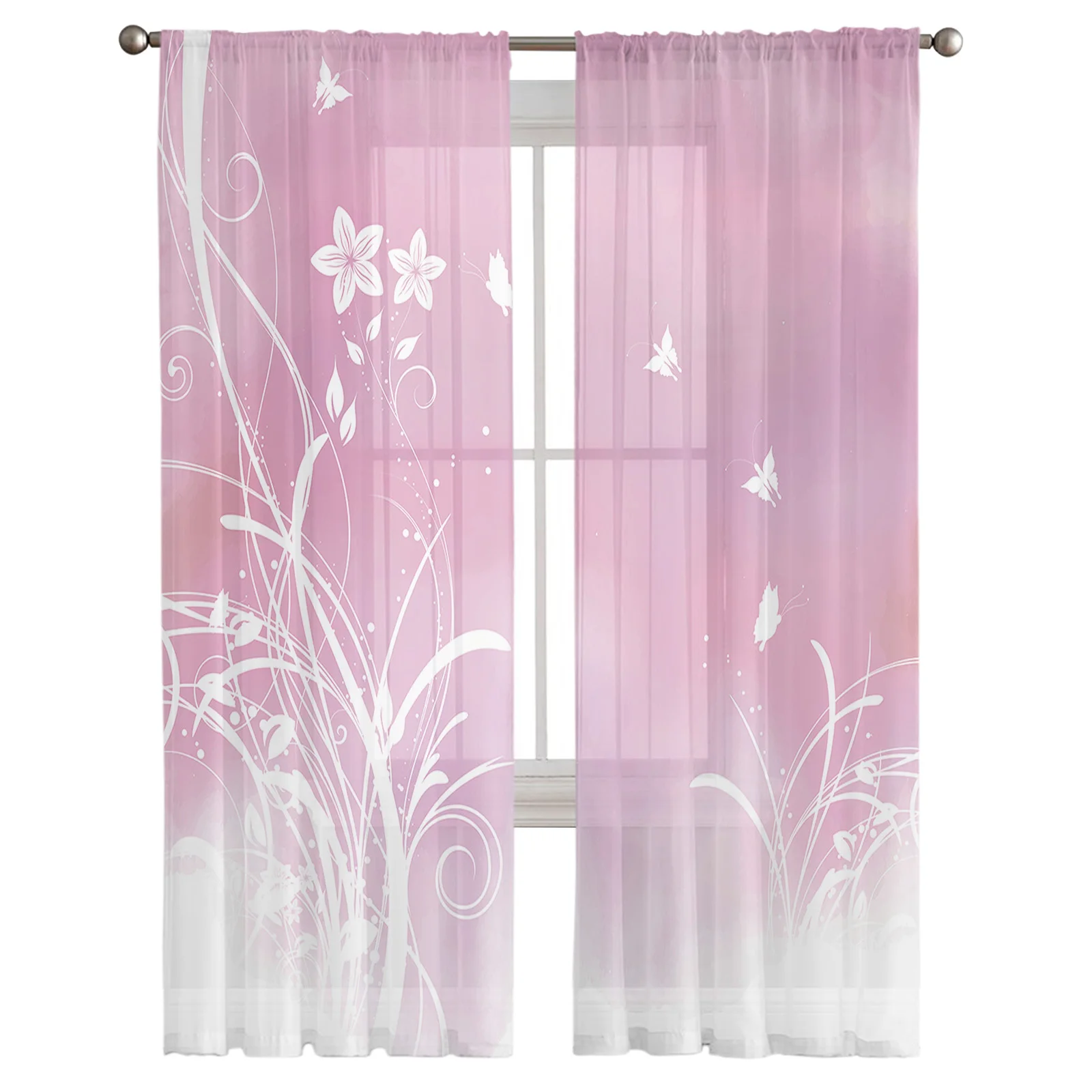 White Silhouette Butterflies Grass Flowers Pink Background Living Room Kitchen Chiffon Curtain Youth Bedroom Sheer Floor Curtain