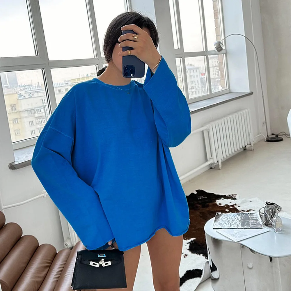 Europeu e americano 2025 primavera nova rosa manga longa solta cor sólida base de malha camiseta