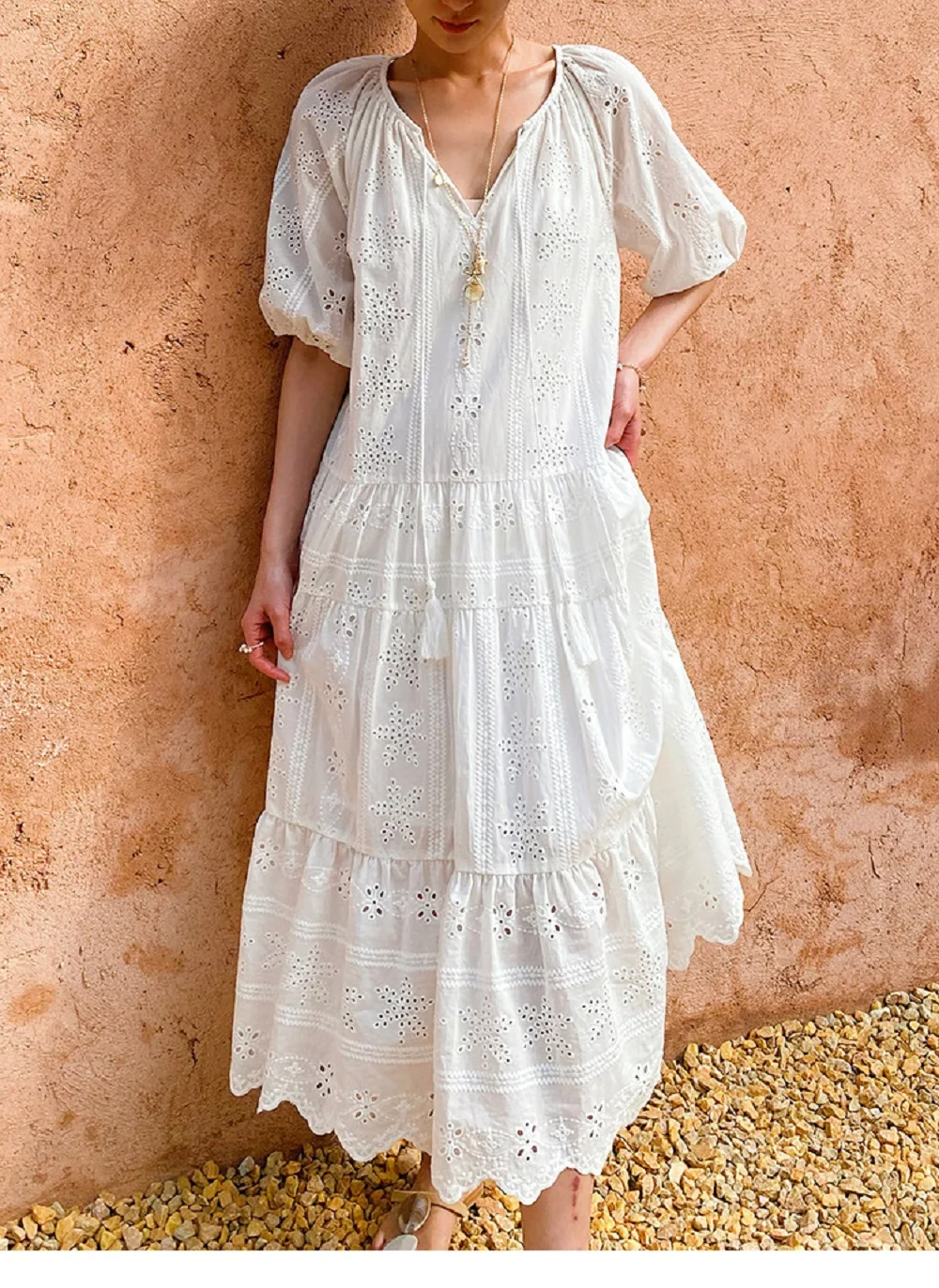 

100%Cotton Dress 2026 Summer Fashion Style Women Sexy V-Neck Allover Hollow Out Embroidery Short Sleeve Casual Beach White Dress