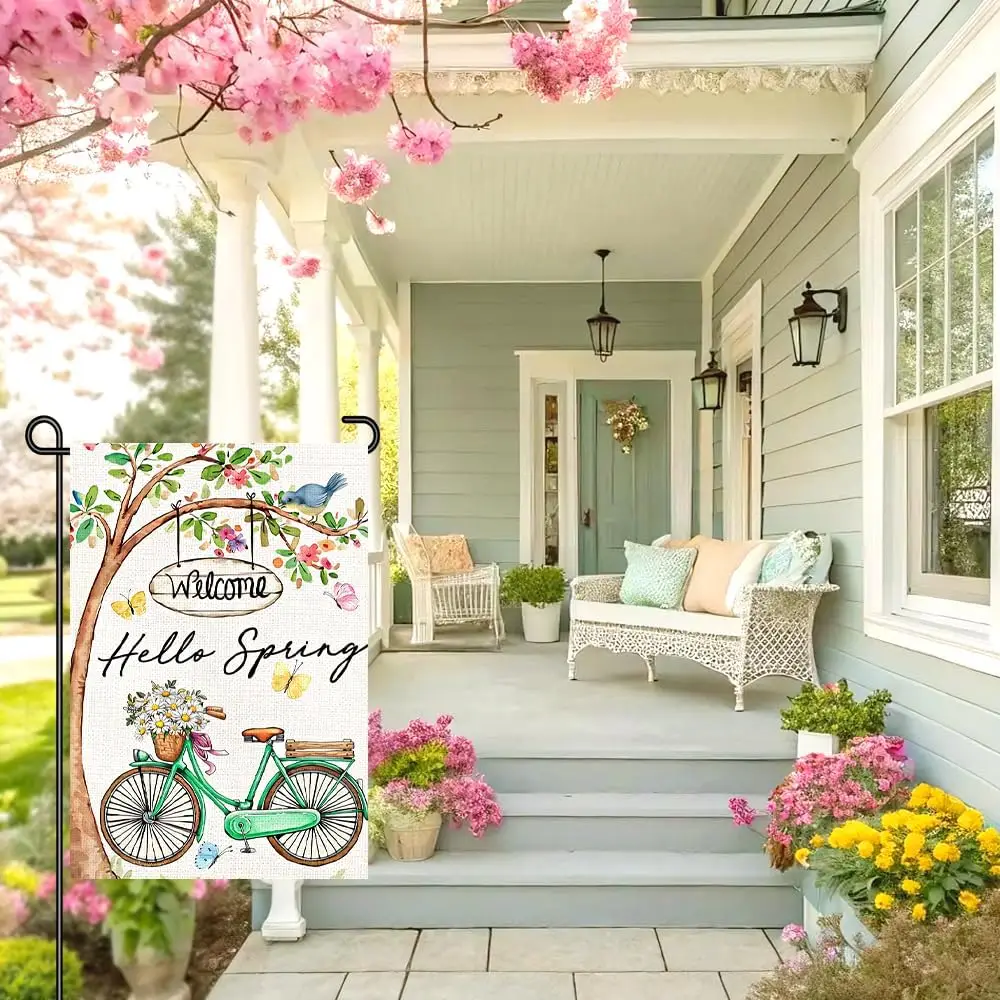 Spring Garden Flag 12x18, Hello Spring Bicycle Welcome Floral Yard Flag, Double Sided Burlap Spring Decor for Porch Lawn Pat GGO