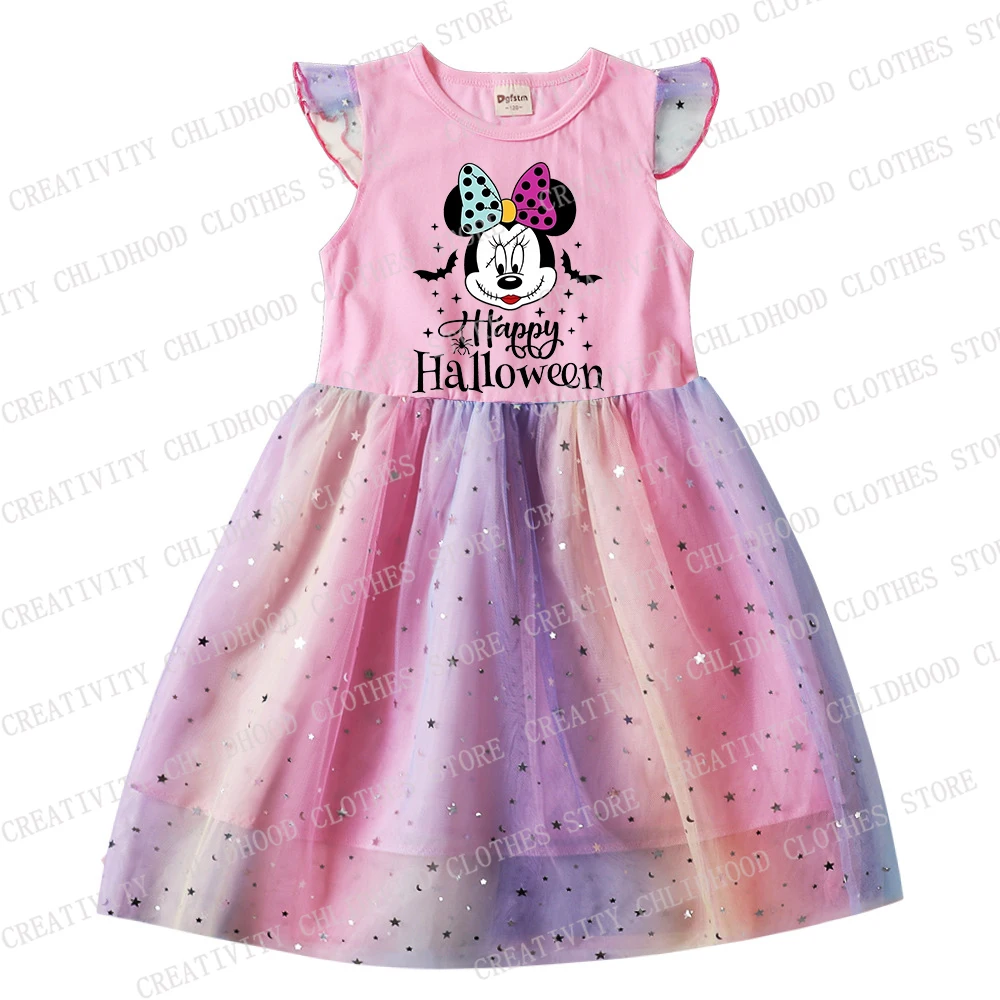 Ponto Mickey Mouse infantil Vestido, Princesas, Desenhos animados, Roupas casuais para meninas, Manga voadora de gaze, Presentes infantis, Vestidos de Halloween