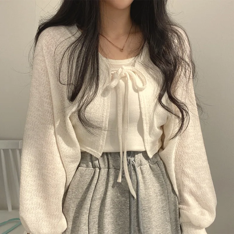 Korean Style Coat Cardigan Thin Short Lantern Sleeves Straps Sense of Design Vintage Solid Color Sun Protection