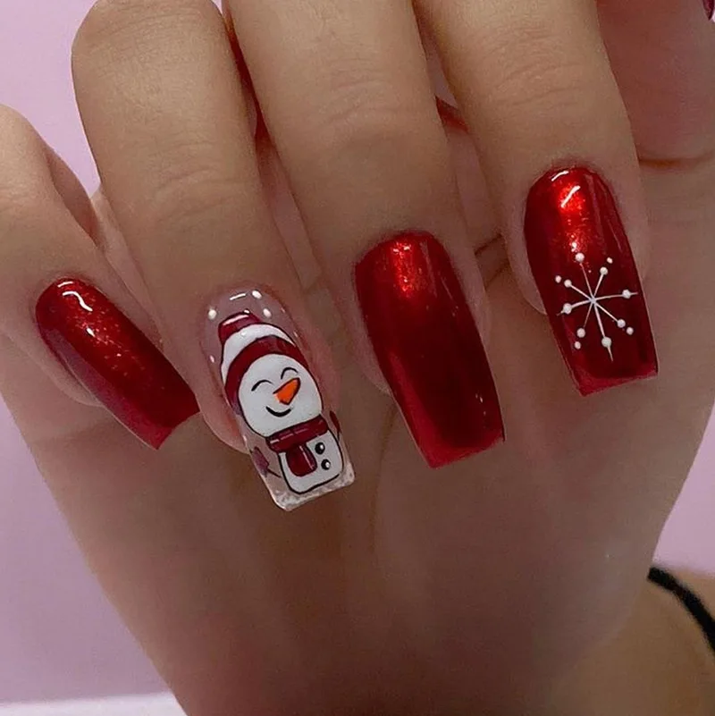 24 uñas postizas navideñas rojas Aurora, diseño de muñeco de nieve y copo de nieve, uñas postizas cuadradas largas para fiestas navideñas