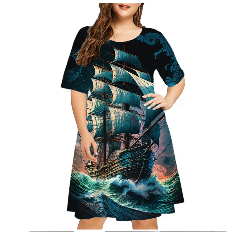 2023 Summer Vintage Ship Scenery Dress Women Short Sleeve Loose Casual Dresses Plus Size Female Clothing 6XL Sundress Vestidos