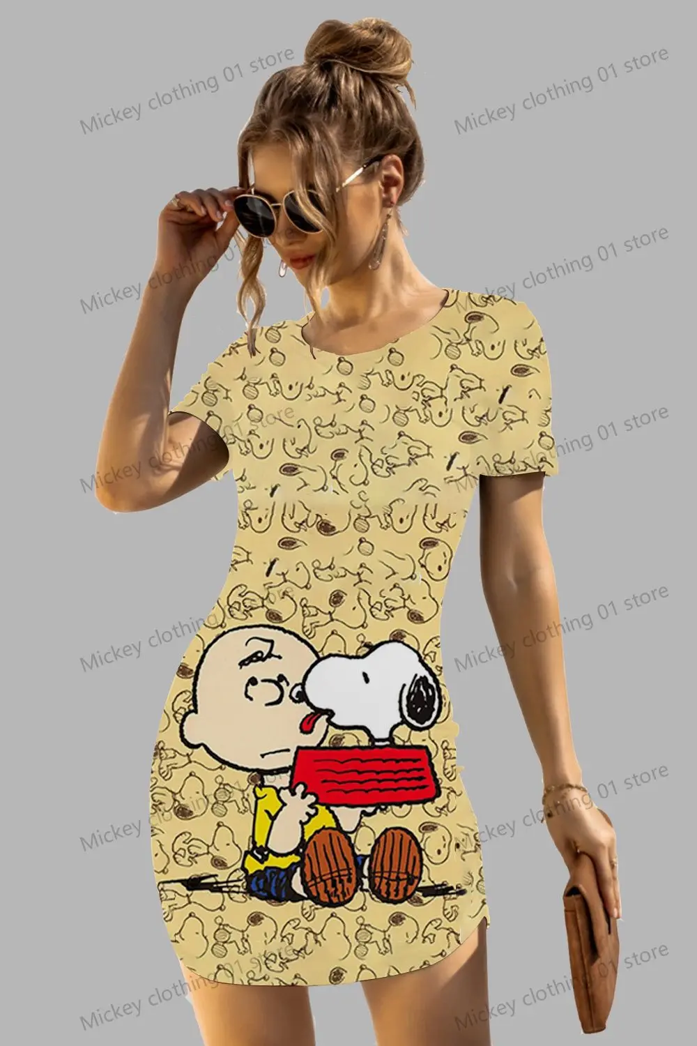 Snoopy Women's Short Sleeved Hip Dresses Kawaii Elegant Chic Dress Sanrio S-3XL O Neck 2024 Summer Y2k Anime Fashion Beautiful