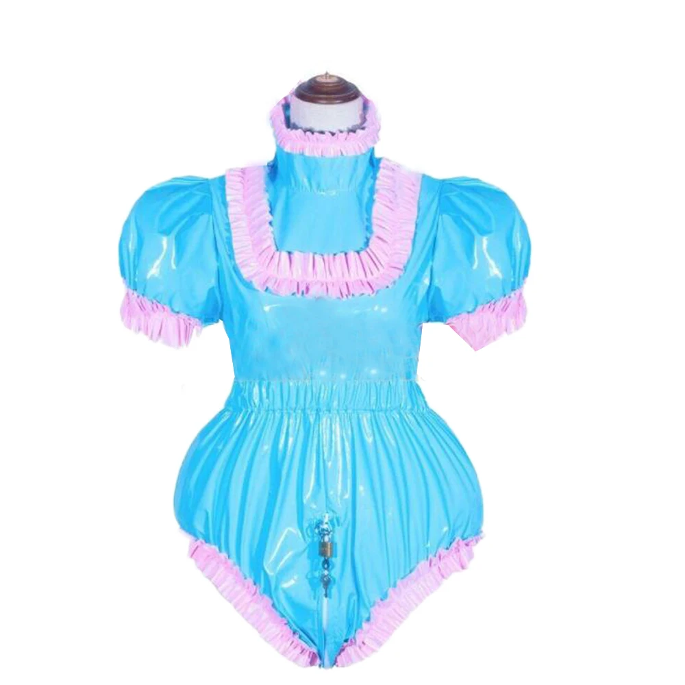 بدلة للجسم سيسي قابلة للقفل بأكمام قصيرة منتفخة من مادة PVC للبالغين زي خادمة فرنسية وسحاب خلفي إلى المنشعب بياقة مدورة متقاطعة 7XL #2