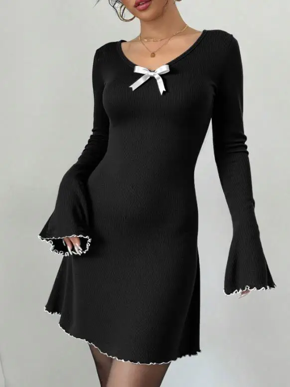 

Women's Dress Summer Elegant Simple Girl Style Bow Tie Sticker Wave Pleated Border Design High Waisted A-Line Long Sleeved Dress