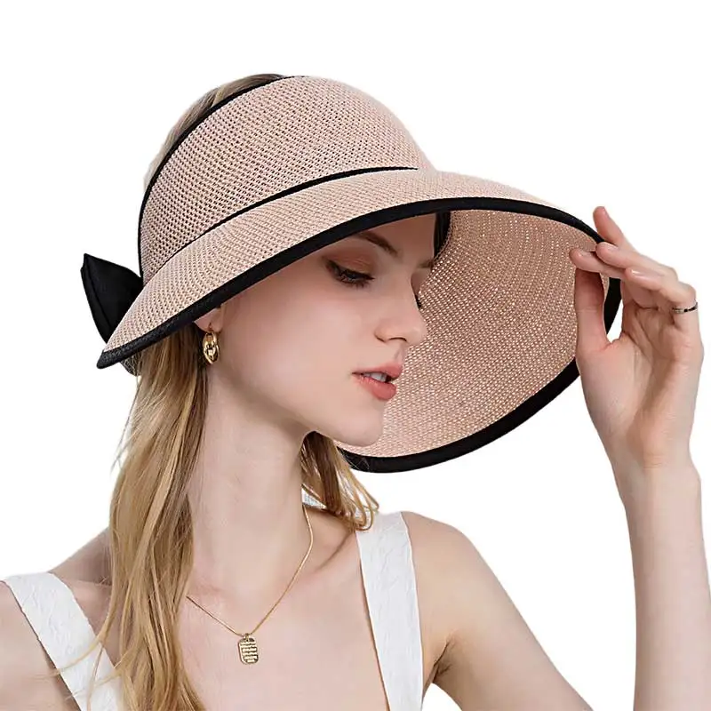 Women's Hat Summer Wide Brim Air Sun Hats UV Protection Top Empty Hat Bow Hollow Straw Hat Adjustable Ladies Foldable Beach Hat