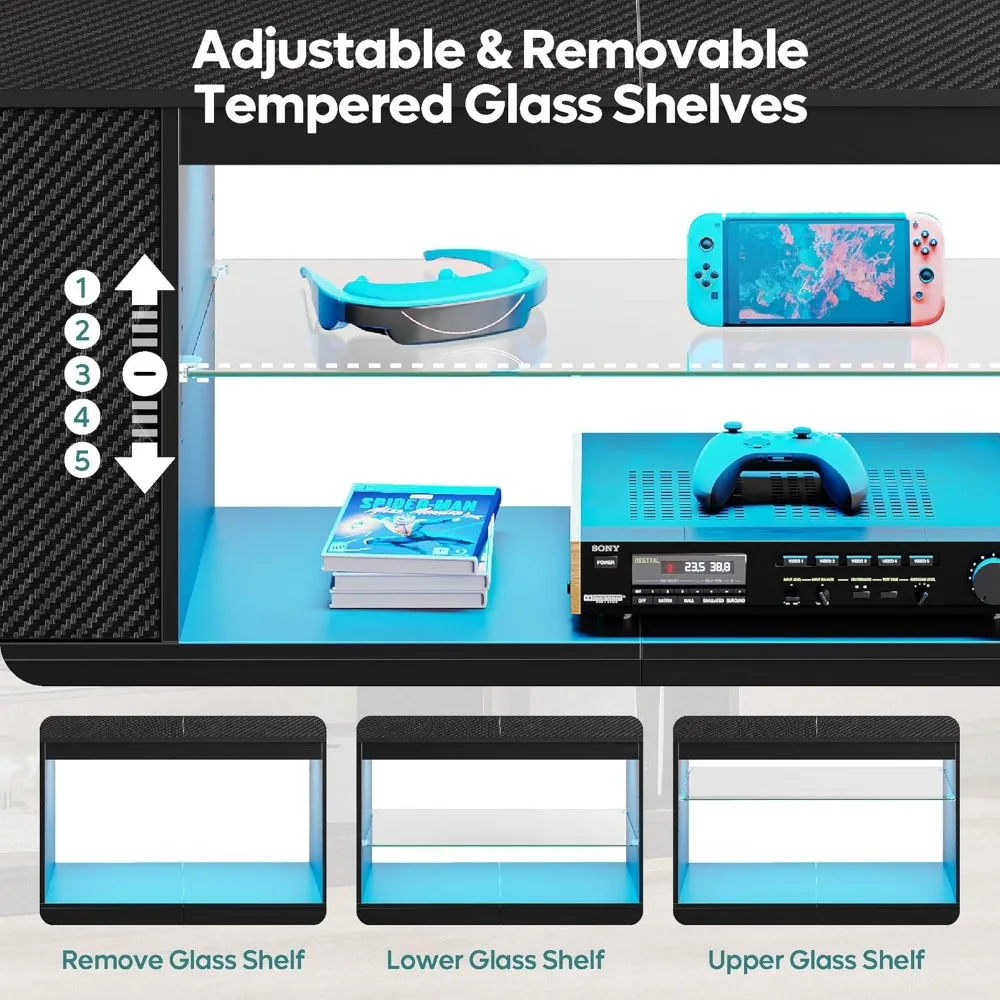 حامل تلفزيون للألعاب الحديث لأجهزة التلفاز مقاس 55-65 بوصة، مركز ترفيه LED مع رف زجاجي قابل للتعديل لوحدة تحكم PS5