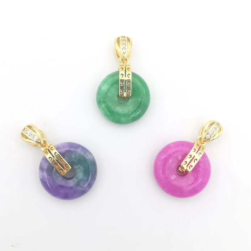 Charm 20X20X5MM Violet Geen Magenta Jade Donut Inlaid Rhinestone Pendant 1 PCS