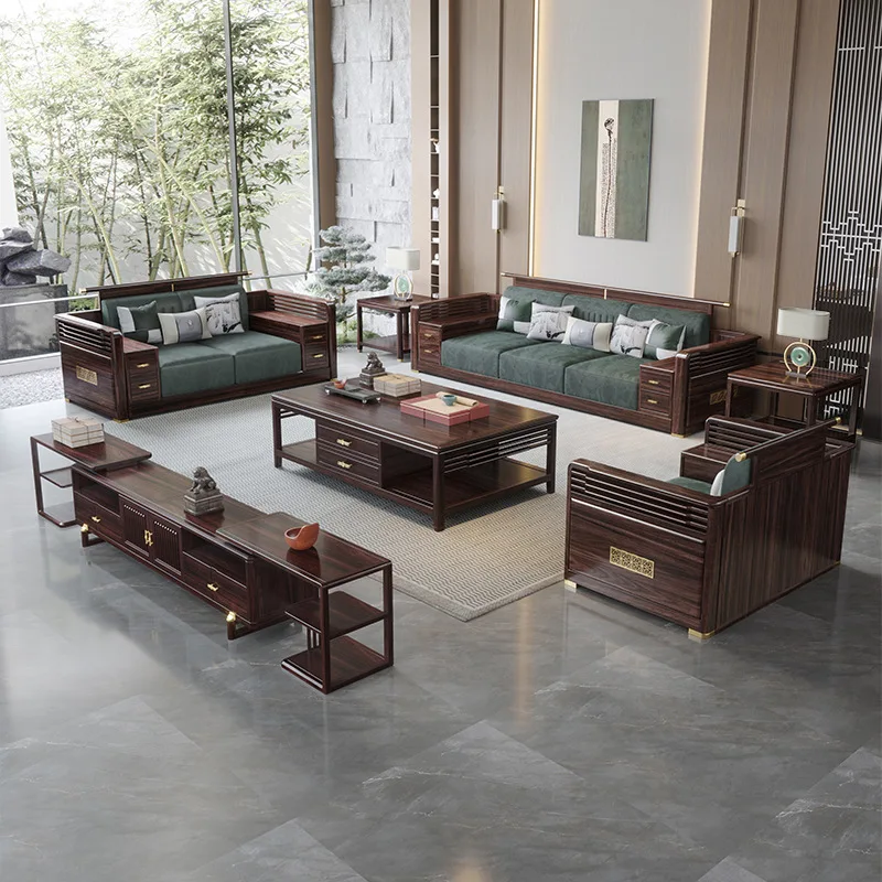 New Chinese-style ebony sofa combination modern light luxury living room full set of large-scale high-end villa furniture