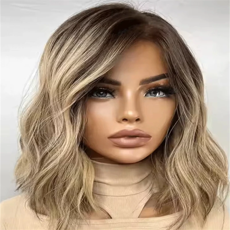 Natural Brown Rooted Honey Dirty Blonde Wig for Women Short Bob Lace Front Wigs Synthetic 13x4 Thick Density Wig on Net Topsale