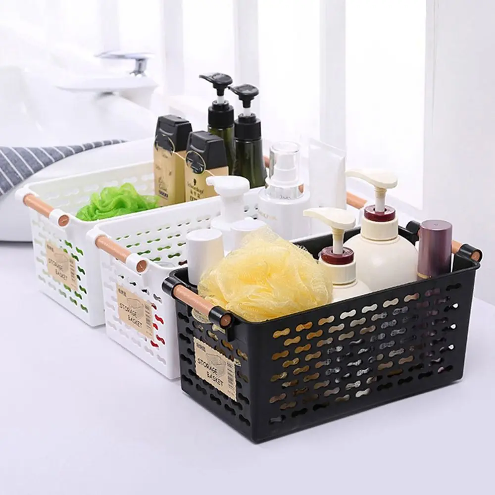 

Plastic Hollow Out Storage Basket White/Black Rectangular Snack Finishing Box with Handle Space-saving Sundries Storage Basket
