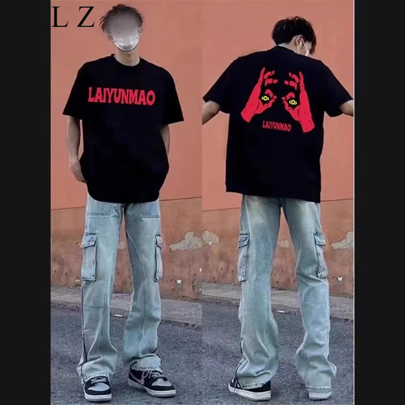 

Универсальная футболка с мотоциклетными глазами демонов, мужская и женская свободная футболка с круглым вырезом в уличном стиле, повседневный топ с круглым вырезом и половиной рукавов