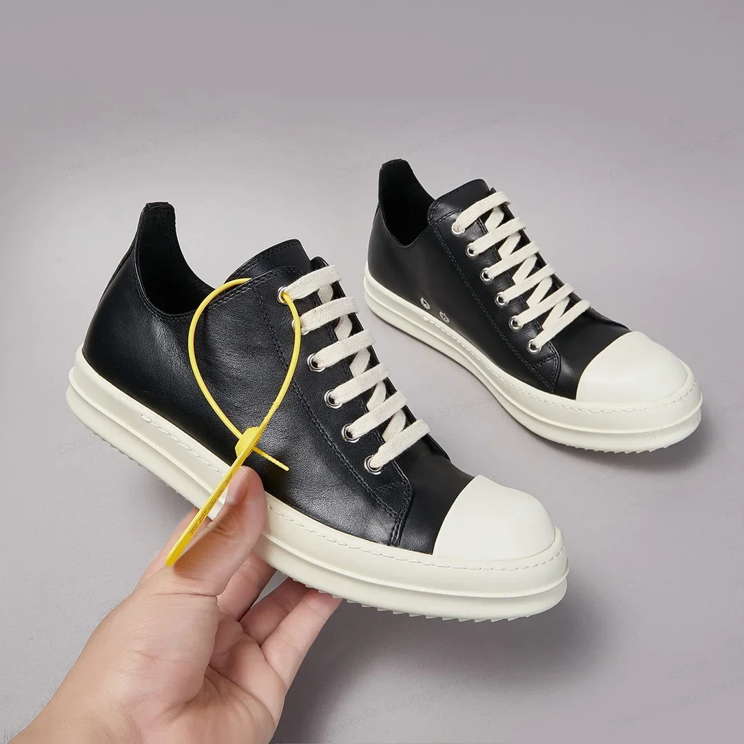 Ricks Luxury Casual Shoes Men High Quality Casual Shoes Women Classic Black  Cowhide Leather Low-Top Lace-Up Flat Sneakers