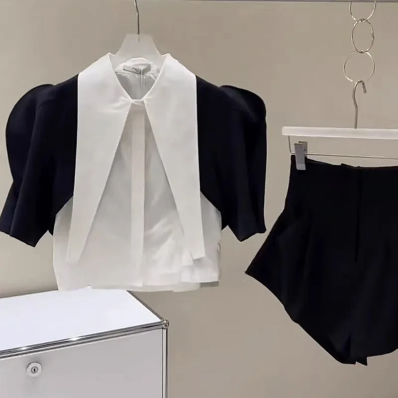 Mode-Design Frauen Kurze Sets Elegante Puff Ärmeln Shirts Und Hohe Taille Breite Bein Büro Dame Kleidung Anzüge