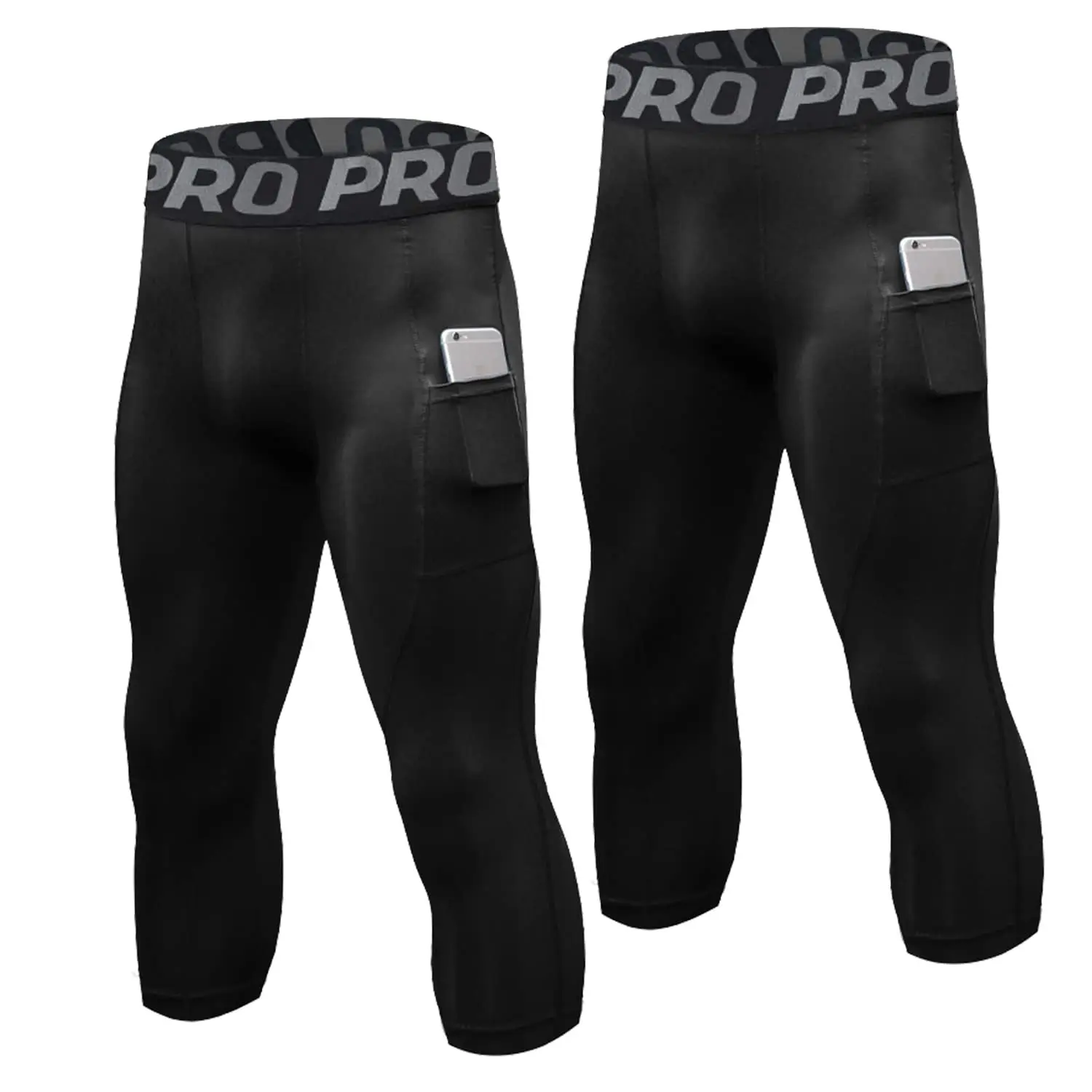 2 Pack Compression Pants Men 3/4 Capri Basketball Compression Pants for Men with Pockets Workout Leggings for Running Gym