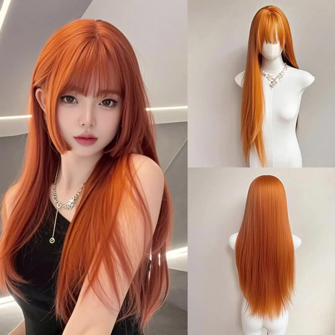 A Daily Wig Suitable for Everyone: Orange Straight Long Hair with Bangs, Realistic Synthetic Wig