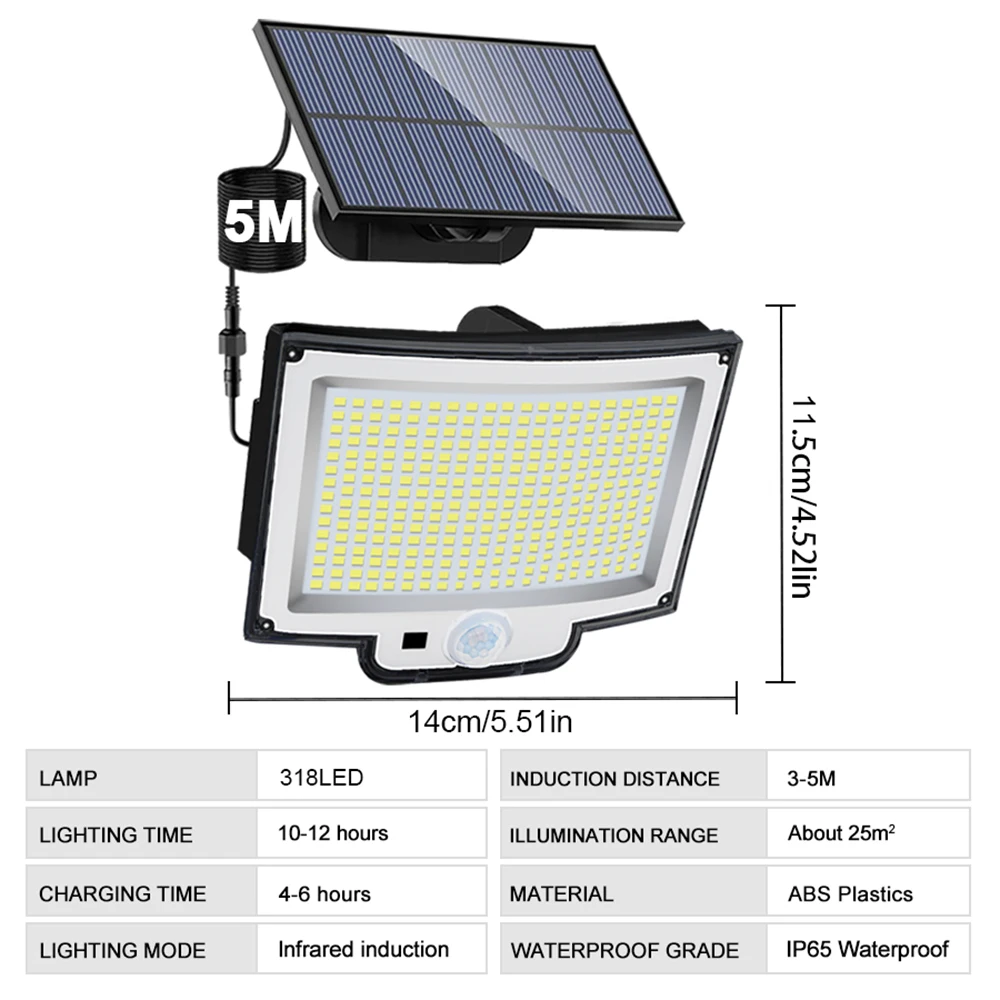 318LED Solarlampe Außensicherheitsleuchte mit Bewegungssensor, wasserdicht, LED, leistungsstarker Strahler, Solar für Garten, Garage