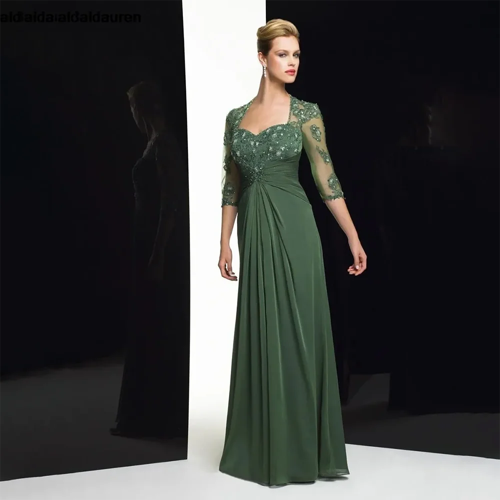 

Dark Green Chiffon A Line Mother Of The Bride Dresses With 3/4 Long Sleeves Lace Beaded Pleated Women Formal Evening Gowns